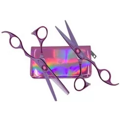 Фото Набір ножиць Olivia Garden Silk Cut ThinkPink 2023 neon purple LE (робочі SKP5.75 5.75" + філірувальні SKPT635E 6.00" + чохол ліловий}- 1